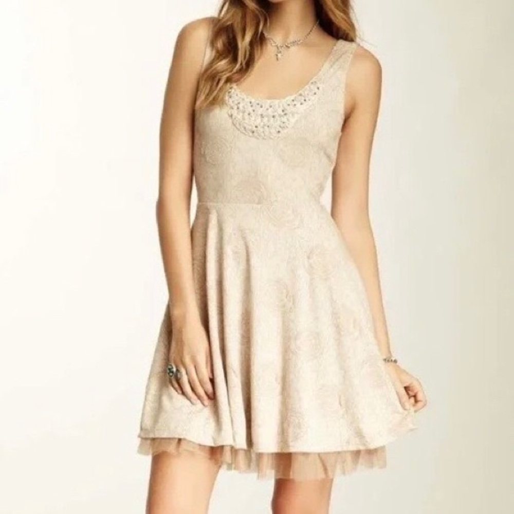 Free People Womens Rock Princess Mini Dress Tan Jacquard Fit Flare size Small